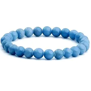Lady Works Natural Angelite 8mm Round Shape Smooth Cut Beads 6.5 Inch Stretchable Bracelet For Men & Women. Unisex Bracelet For Healing, Meditation, Prosperity, Gift & Luck|LW_BRST_00685_6.5