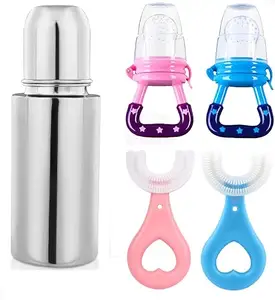 KINDAR CARE Baby's Steel Plastic Feeding Bottle | Blue-Silver-Pink | Pack of 3 | 240 Ml