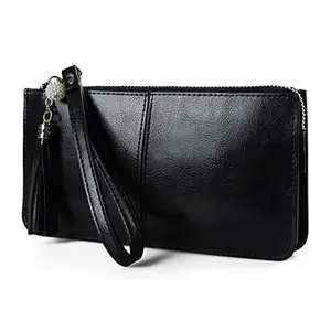 Befen Women Leather Zipper Phone Wallet with Card Holder/Cash Pocket/Wrist Strap (Black.)