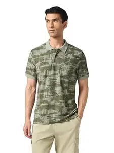 TECHNOSPORT Men's Printed Slim Fit Polo Collar T-Shirt MATPIQ Half Sleeve Button Polyester for Gym Running Workout UPF50+ Anti Odour
