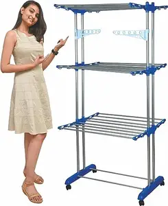 Mega stand Clothes Drying Rack Folding Stainless Steel Laundry Garment Dryer Stand with Two Side Wings-(Blue) Portable 3-Layer Cloth Wheels and Foldable Wings
