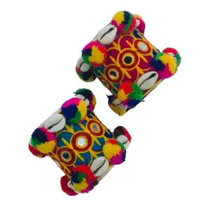 THE OPAL FACTORY Garba Navratri Jewellery Sets for Women Multicolor Embroidered Fabric Silver Oxidised Afghani Bangles Sets Baloya Set for Women and Girls (TOF Cowrie Pom Pom Mirror Bangles)