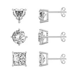 Amazon Brand - Nora Nico 925 Sterling Silver BIS Hallmarked Set of 3 Pair Round, Square, Heart Shape White CZ 8mm Stone Stud Earrings for Women