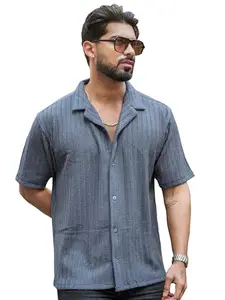 Maniac Mens Textured Half Sleeve Cotton Dark Grey Cotton Shirt