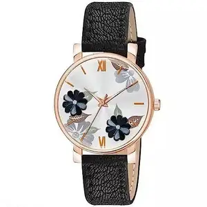 Red Robin Alluring Analogue White Flower Dial Black Leather Strap Graceful Stylish Wrist Watch for Women and Girls, Pack of 1 - FSL (Black)
