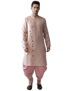KISAH Men's Kurta Dhoti Set, Pink Silk Blend, Woven Design Regular Fit Mandarin Collar Full Sleeves (44)
