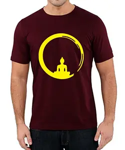 Caseria Men's Round Neck Cotton Half Sleeved T-Shirt with Printed Graphics - Cricle Buddha (Maroon, L)