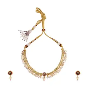 Kushal's Fashion Jewellery Ruby-Green Gold Plated Ethnic Antique Necklace Set - 410473