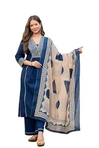 MEERA FAB Women Floral Printed Pure Cotton Straignt V-Neck Kurta with Trousers & Dupatta