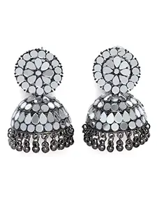Karatcart Black Silver Plated Mirror Studded Jhumki Earrings for Women