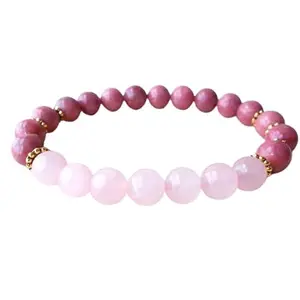 RRJEWELZ Natural Rhodonite & Rose Quartz 8mm Round Shape Smooth Cut Beads 7 Inch Stretchable Bracelet for Men & Women.|STBR_RR_08194_7.0