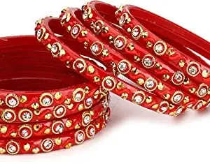 Somil Parties Red Glass 8 bangle Cum Kada Set Full decorative With Golden & White Crystal Stone With Safety Box-DU_2.4