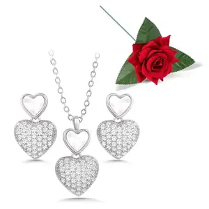 Peora Silver Plated Heart Shaped Mother of Pearl & CZ Pendant Chain & Stud Earrings Set Valentine's Day Gift for Women & Girls with Red Rose
