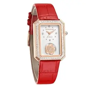 Giordano Arias by Signature Collection Analog Quartz Watch for Women with Rectangular Mother-of-Pearl Floral Design White Dial, Crystal-Studded Bezel and Leather Strap - GZ-60174