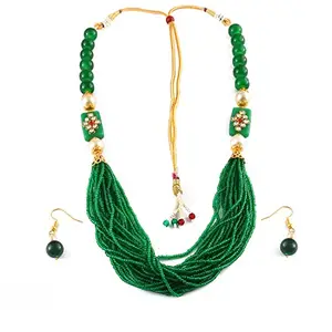JewarHaat Necklace Indian Multi Strand Beaded Ad Cz Kundan Pearl Polki Multi Stones Side Brooch Jewelry with Drop Earrings For Women & Girls (Green)