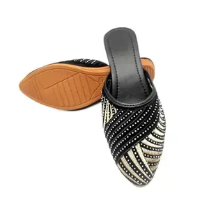 Women's Traditional Embroidered Slip-On Ballet Flats, Round Toe, Low Top Ethnic Style, Synthetic Material (Black, UK Footwear Size System, Adult, Women, Numeric, Medium, 7)