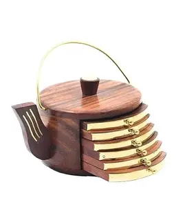 ZIFRON WOOD STORE Wooden Kettle Shaped Coasters Set of 6, Sheesham Wood with Brass Embedded Design, 4 x 3.7 x 3.5 cm