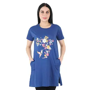 CRAFTLY Regular Loose Fit Cotton Round Neck Printed Half Sleeve T-Shirt, Night Sleep, Yoga, Lounge and Daily Use Gym Wear Long Tops and Tees for Women Ladies and Girls (Royal Blue, XX-Large)