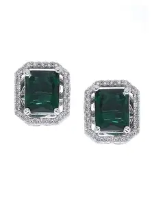 Shoshaa Women's Brass Silver-plated CZ Green Contemporary Studs, Green, Onesize, Pack Of 1