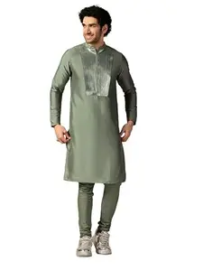 KISAH Men's Kurta Churidar Set, Green Cotton Blend, Embellished Regular Fit Mandarin Collar Long Sleeves (38)