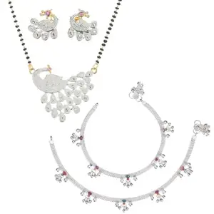 AanyaCentric Jewellery Set of Silver Plated Anklet and Gold Plated AD 18" Mangalsutra Pendant Earring
