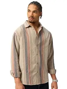 The Souled Store Canyon Men and Boys Long Sleeve Spread Collar Beige Striped Cotton Blend Lightweight Everyday Office Wear Easy to Style Casual Relaxed Shirt