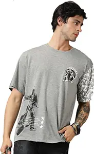 RodZen Men's Cotton Round Neck Oversized Printed T-Shirt (RZ01SKULLGREY-S_Skullgrey_S)