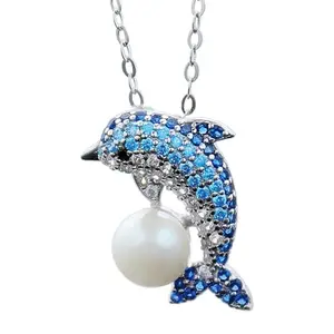 Her Lab Jewellery | Dolphin Pendant Necklace, Premium Silver Chain, Freshwater Cultured Pearl Charm, 17.5-Inch Hypoallergenic Gift for Girls, Elegant Animal Jewellery