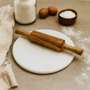 Casa Clasico White Marble Chakla with Wooden Belan Set | Anti-Skid Base Roti Maker Board & Rolling Pin for Kitchen | Traditional Indian Roti Rolling Board | Chakla Belan Set