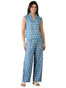 Naixa Women's Rayon Printed Straight Top with Matching Pant - Elegant Sleeveless V-Neck for Summer, Office and Casual Fashion (NX-WD52)