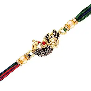 I Jewels Men & Boy's Gold Plated Designer CZ Pearl Peacock RakhiBracelet (R702, Multicolour)