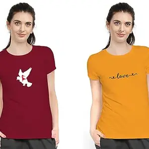 Blingmore Women's Cotton Blend Round-Neck Half Sleeves Regular Fit Graphics Solid T-Shirt Bird & Love Print(XL,Maroon & Mustard)