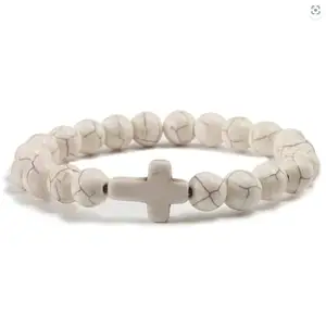 SV Natural Stone Cross Beaded Bracelets Charm Women Men White Lava Rock Bead Onyx Stretch Strand Bracelet & Bangle Prayer Jewelry