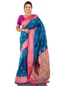 Zivanshi Weaves Womens Silk Blend Saree Featuring Small Peacock Design With Tassels On The Pallu With Blouse 5.5 Meter Saree 0.8 Meter Unstitched Blouse Piece