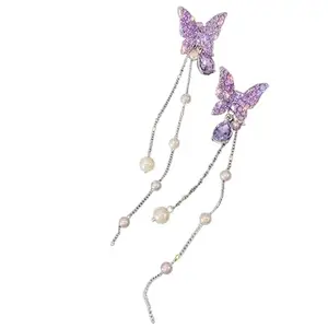Yu Fashions Pearl Rhinstone Purple Butterfly High Fashion Drop Chain Korean Earrings Pair