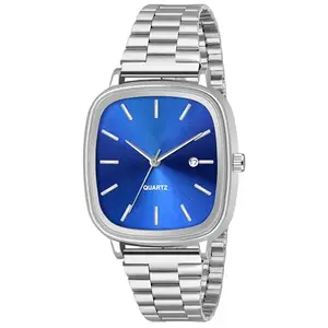 Shocknshop Stainless Steel Analog Square Dial Date Display Unisex Wrist Watch for Men & Women (Blue Dial and Silver Strap) -WCH136