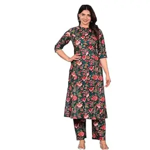 Adhishree trends Women’s Floral Printed A-Line Kurti with Pant | Viscose Rayon | 3/4 Sleeve | Knee Length | Mandarin Neck | Comfortable Daily Ethnic Outfit
