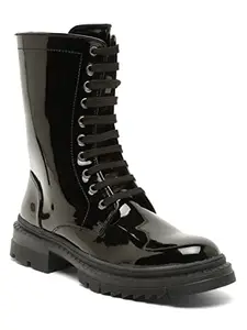 Bruno Manetti Women's Black Laceup Side Zipper Patent Leather Calf length Chunkey Sole Comfort Boots