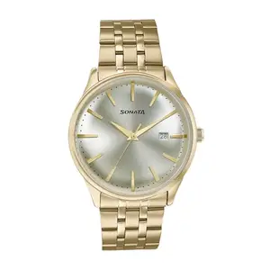 Sonata Wedding Edit Quartz Analog with Date Golden Dial Stainless Steel Strap Watch for Men