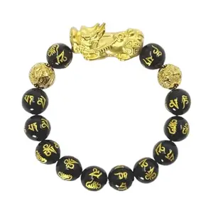 WorldwideGem Classy Pixiu Bracelet Feng Shui Black Obsidian Bracelet Original Certified फेंग शुई ब्रेसलेट Pixu Stretchable Bracelet Fancy Fengshui Bracelet Pi Yao Bracelet Om Mani Bracelet For Wearing
