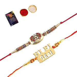 Elegant Bhaiya Rakhi " HI-FI BHAI" Designer Pendent With Designer Look Rakhi Combo For Bhaiya With Roli Chawal And Greeting Card -590