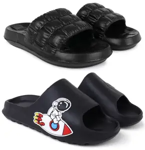 Pampy Angel Combo Pack of 2 Slipper/Flip Flops/Slides/Clogs/Sandals with Adjustable Back Strap for Men,(Box-Black,Y-To-Rocket-Black),6 (UK/India)
