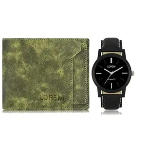 LOREM Combo of Black Wrist Watch & Green Color Artificial Leather Wallet (Wl16-Lr05-Fz)
