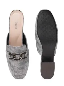 SHERRIF Women's Stylish Back Open Mules | Slip-On Casual & Office Wear Shoes | Soft Cushioned Sole with Metal Chain Detail | Comfortable Low Heel Slides for Girls & Women(81)