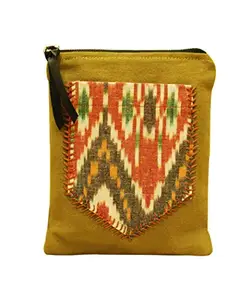 Clean Planet Hand Stitched Cotton Canvas Traditional Handwoven Ikat Back Pocket Multi-Purpose Zipper Pouch - (15 x 18 Cm)