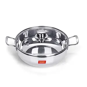 Sumeet Stainless Steel kadhai with Glass lid 1.5 litres Capacity 20.5 x 20.5 x 6.6 Centimeters 2 Piece (Induction and Gas Stove Friendly)