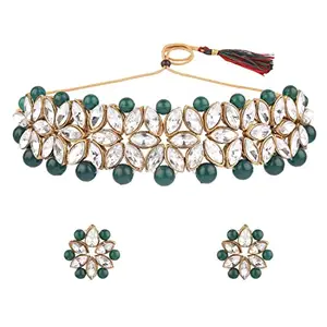Archi Collection Traditional Green Beads Crystal Choker Necklace Earrings Jewellery Set for Women