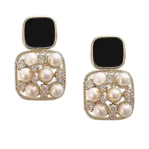 OOMPH Jewellery White & Black Pearls Square Western Drop Earrings For Women & Girls (EYJ147_AMR1)