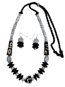 Black and White Resin bead jewellery set | Adjustable necklace with Fish hook earrings