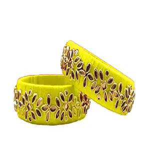 pratthipati's Silk Thread Bangles Stones Chuda Bangle Set (Lemon yellow) (Size-2/8)